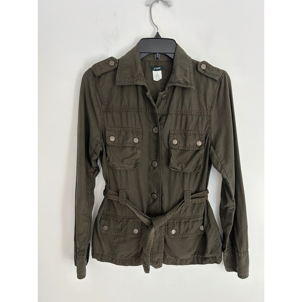 J.Crew Silk Cotton Utility Military Field Jacket Olive Green Safari Belted Sz SS